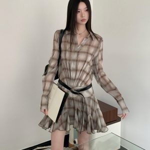 Khaki Plaid Collar Loose Ruffled Short Dress with Pleated Skirt - Trendy Niche Style for Summer 90s Fashion
