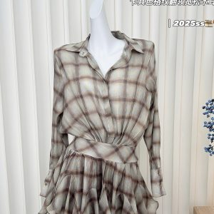 Khaki Plaid Collar Loose Ruffled Short Dress with Pleated Skirt - Trendy Niche Style for Summer 90s Fashion