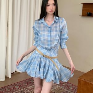Khaki Plaid Collar Loose Ruffled Short Dress with Pleated Skirt - Trendy Niche Style for Summer 90s Fashion
