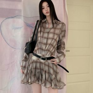 Khaki Plaid Collar Loose Ruffled Short Dress with Pleated Skirt - Trendy Niche Style for Summer 90s Fashion