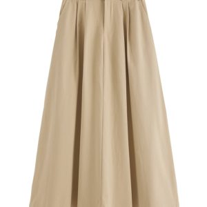 Khaki Washed Cotton High-Waisted A-Line Skirt for Pear-Shaped Body, Mid-Length Umbrella Skirt, Spring 2025 Fashion for Women