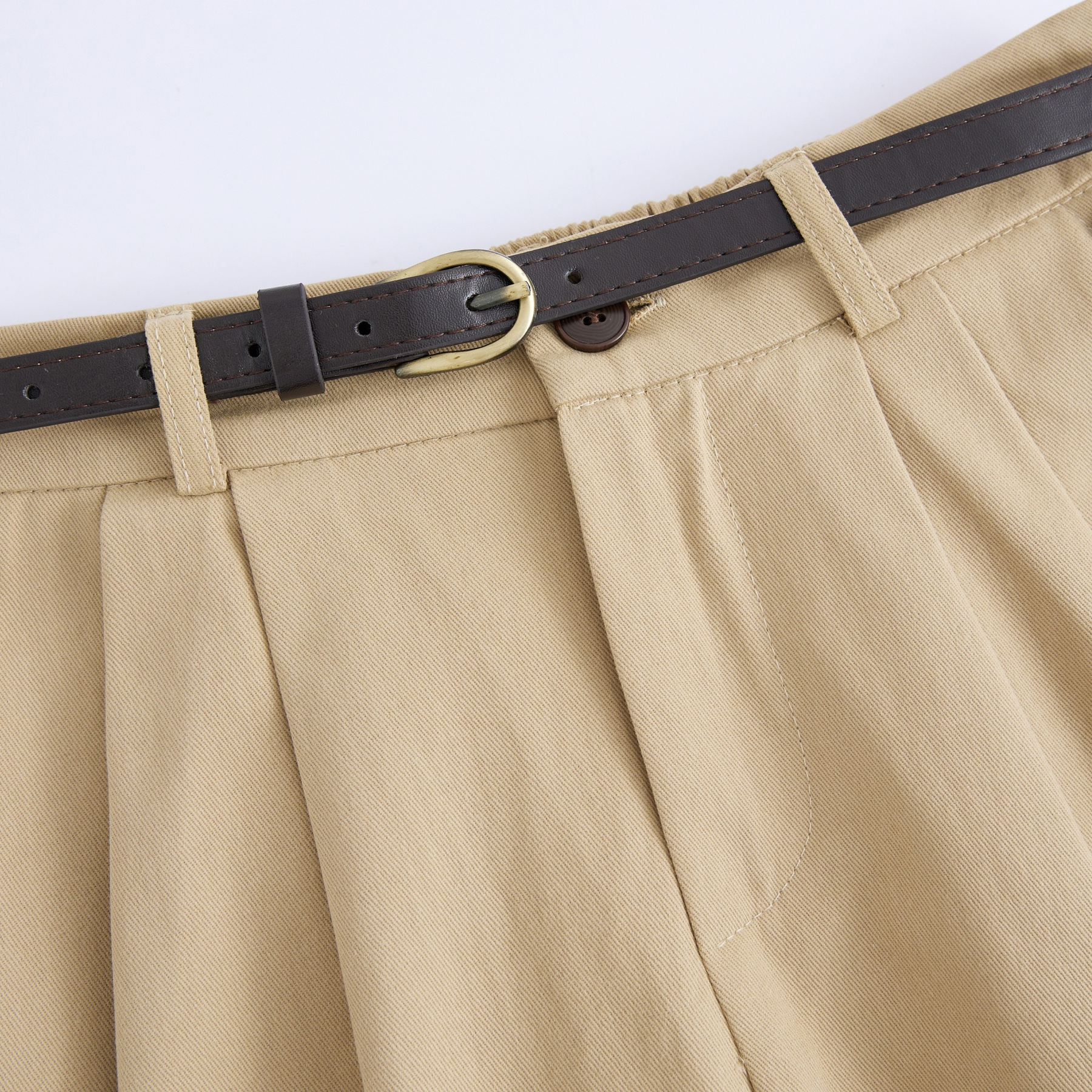 Khaki Washed Cotton High-Waisted A-Line Skirt for Pear-Shaped Body, Mid-Length Umbrella Skirt, Spring 2025 Fashion for Women