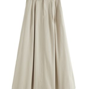 Khaki Washed Cotton High-Waisted A-Line Skirt for Pear-Shaped Body, Mid-Length Umbrella Skirt, Spring 2025 Fashion for Women