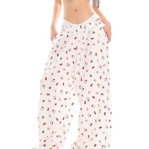 Kitty Cat Print Casual Pants for Women - Floor-Length Loose Straight Wide-Leg Trousers in American Style