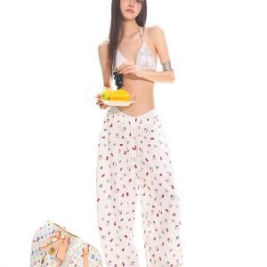Kitty Cat Print Casual Pants for Women - Floor-Length Loose Straight Wide-Leg Trousers in American Style