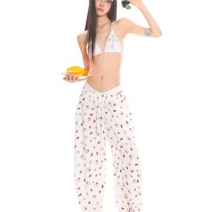 Kitty Cat Print Casual Pants for Women - Floor-Length Loose Straight Wide-Leg Trousers in American Style