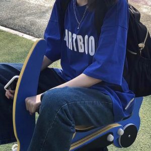 Klein Blue Oversized Short-Sleeve T-Shirt for Women - Summer Pure Cotton Top with Trendy Letter Design for Middle & High School Students