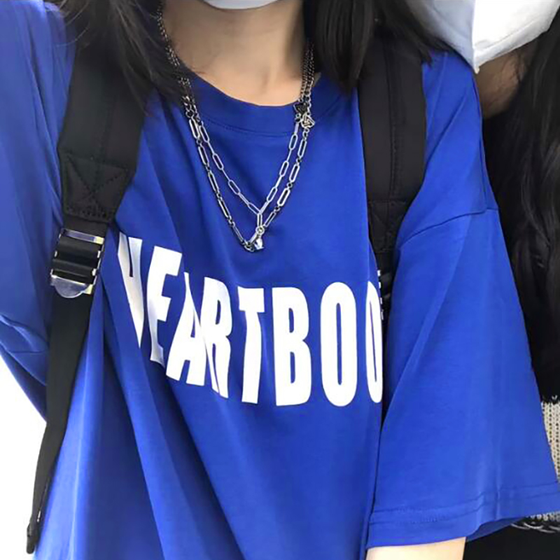 Klein Blue Oversized Short-Sleeve T-Shirt for Women - Summer Pure Cotton Top with Trendy Letter Design for Middle & High School Students