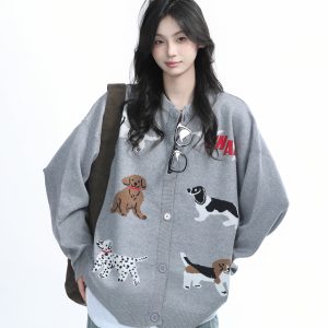 Knitted Cardigan with Retro Cartoon Dog Embroidery for Women - Lazy Style American Vintage Fashion