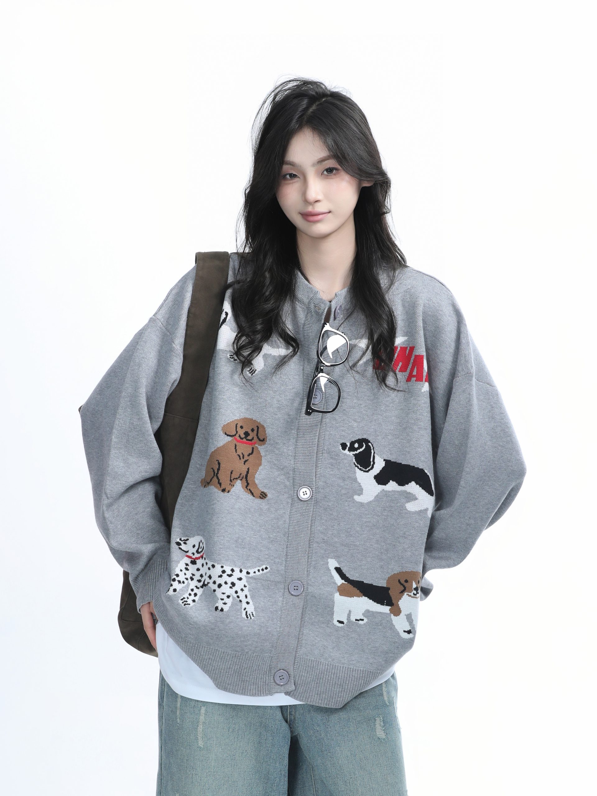 Knitted Cardigan with Retro Cartoon Dog Embroidery for Women - Lazy Style American Vintage Fashion Knitted Cardigan with Retro Cartoon Dog Embroidery for Women - Lazy Style American Vintage Fashion
