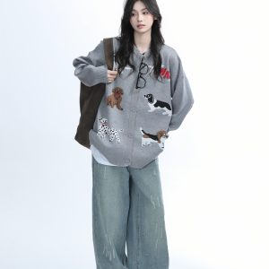 Knitted Cardigan with Retro Cartoon Dog Embroidery for Women - Lazy Style American Vintage Fashion