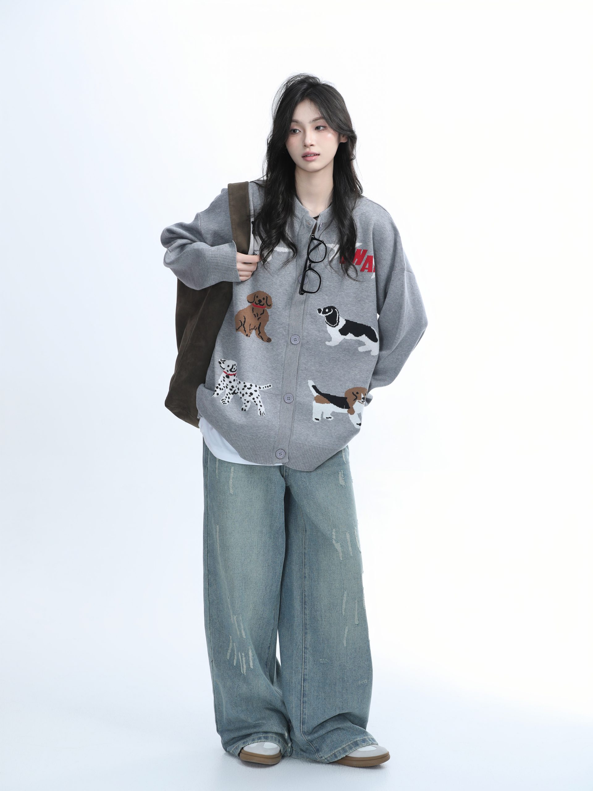 Knitted Cardigan with Retro Cartoon Dog Embroidery for Women - Lazy Style American Vintage Fashion Knitted Cardigan with Retro Cartoon Dog Embroidery for Women - Lazy Style American Vintage Fashion