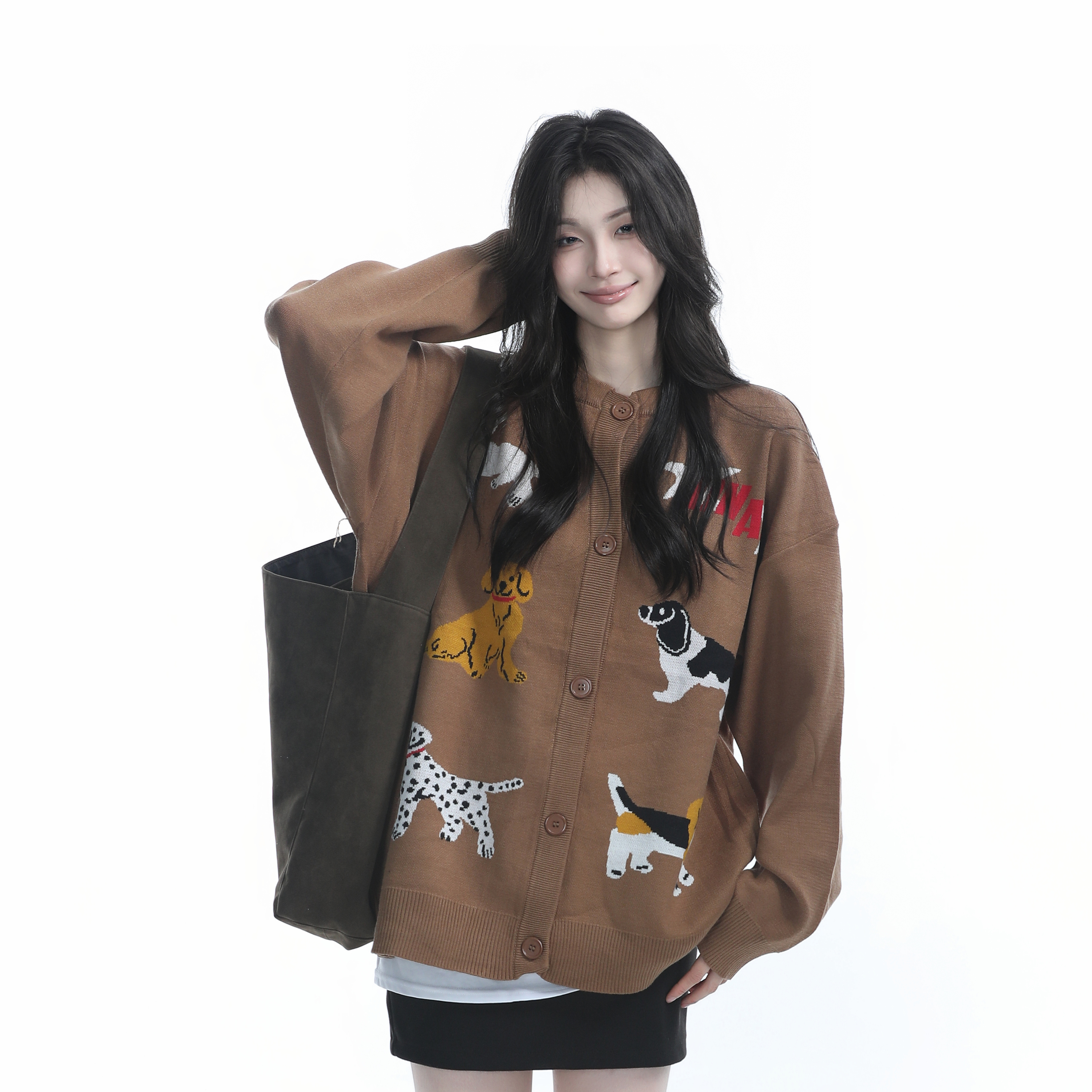 Knitted Cardigan with Retro Cartoon Dog Embroidery for Women - Lazy Style American Vintage Fashion Knitted Cardigan with Retro Cartoon Dog Embroidery for Women - Lazy Style American Vintage Fashion