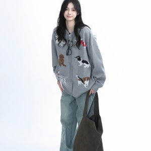 Knitted Cardigan with Retro Cartoon Dog Embroidery for Women - Lazy Style American Vintage Fashion