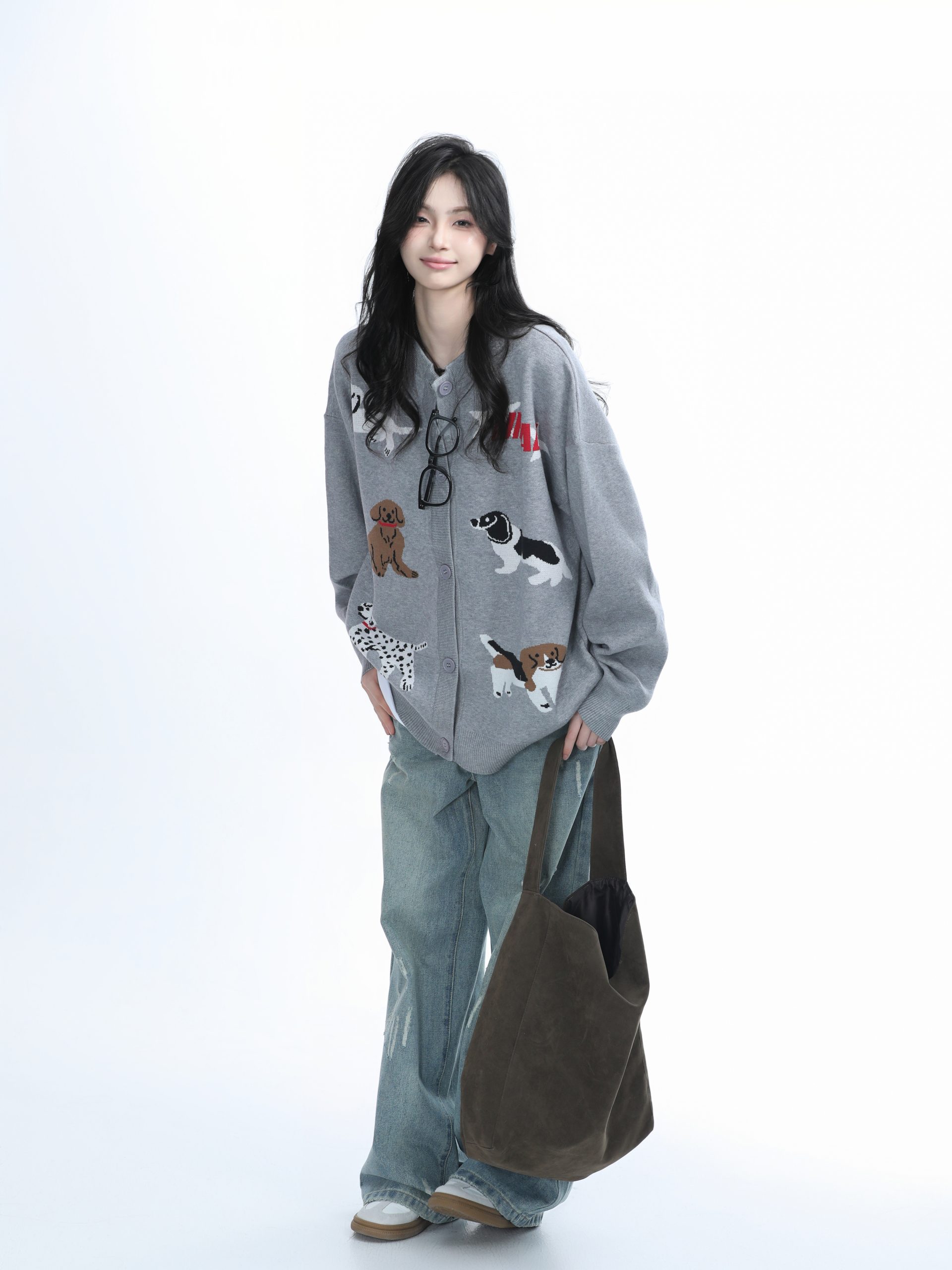 Knitted Cardigan with Retro Cartoon Dog Embroidery for Women - Lazy Style American Vintage Fashion Knitted Cardigan with Retro Cartoon Dog Embroidery for Women - Lazy Style American Vintage Fashion