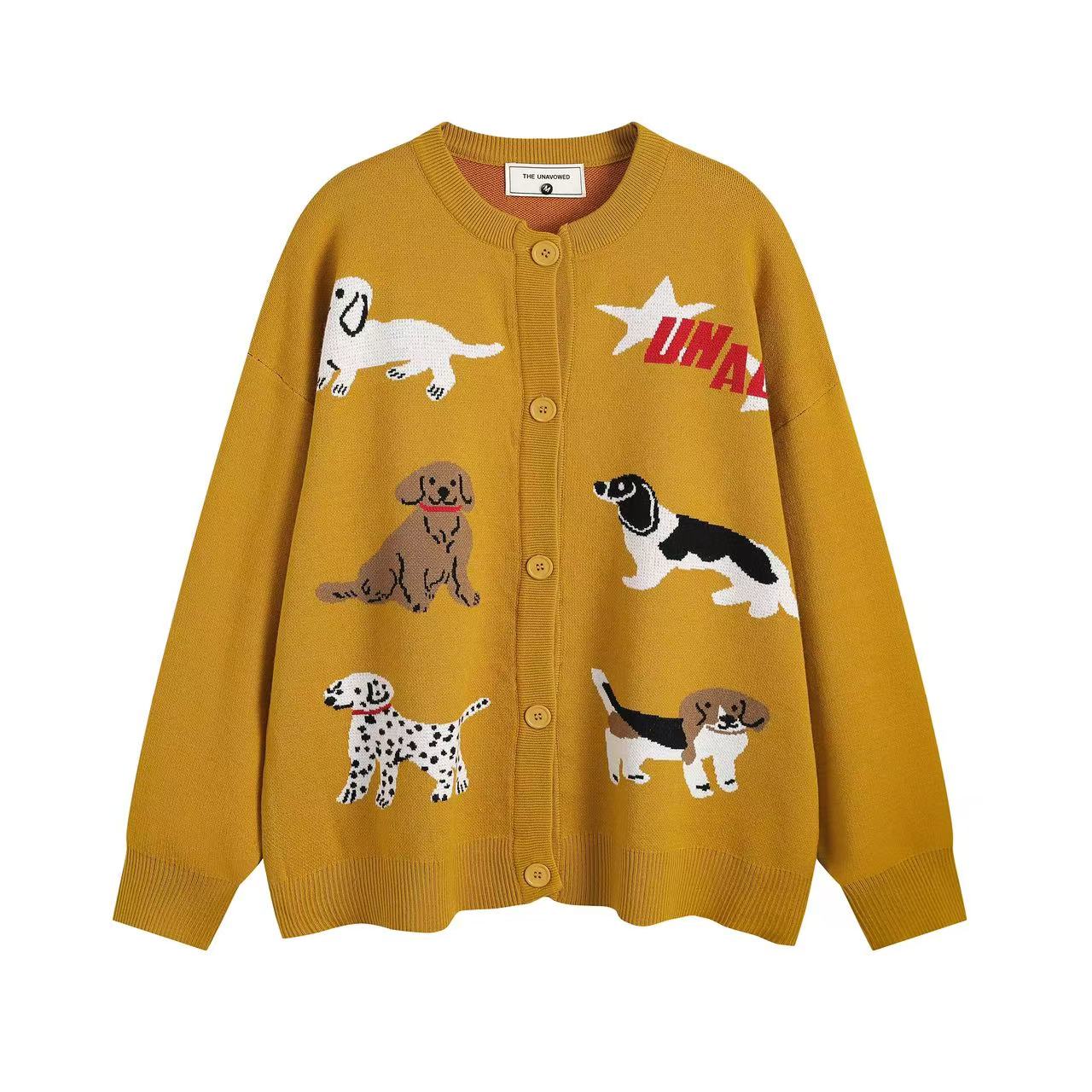 Knitted Cardigan with Retro Cartoon Dog Embroidery for Women - Lazy Style American Vintage Fashion Knitted Cardigan with Retro Cartoon Dog Embroidery for Women - Lazy Style American Vintage Fashion