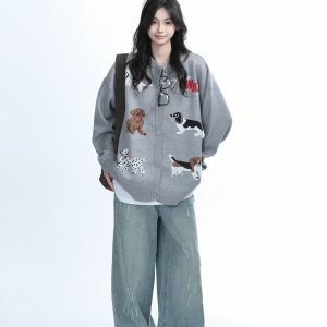 Knitted Cardigan with Retro Cartoon Dog Embroidery for Women - Lazy Style American Vintage Fashion