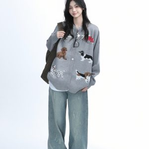 Knitted Cardigan with Retro Cartoon Dog Embroidery for Women - Lazy Style American Vintage Fashion