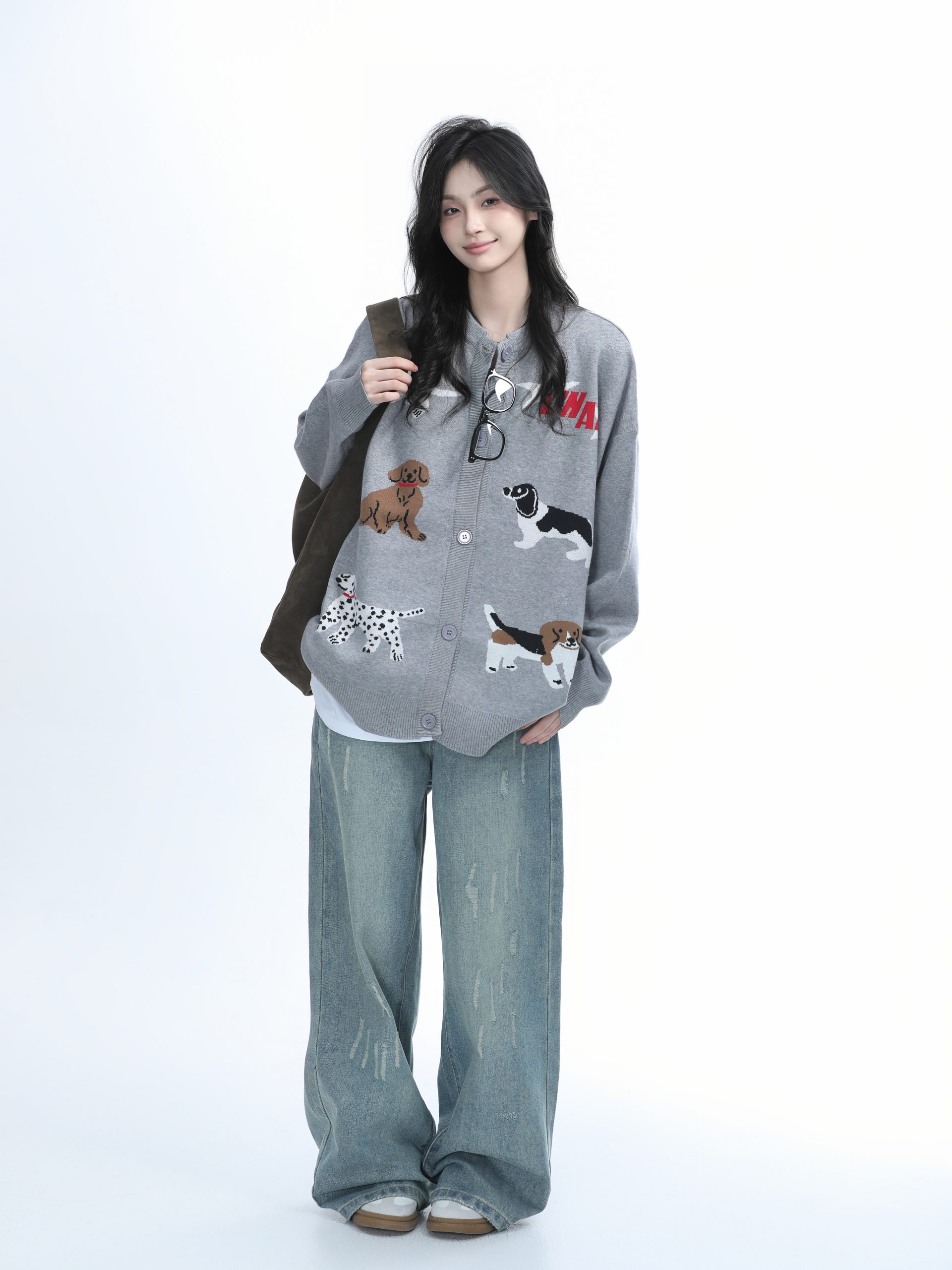 Knitted Cardigan with Retro Cartoon Dog Embroidery for Women - Lazy Style American Vintage Fashion Knitted Cardigan with Retro Cartoon Dog Embroidery for Women - Lazy Style American Vintage Fashion