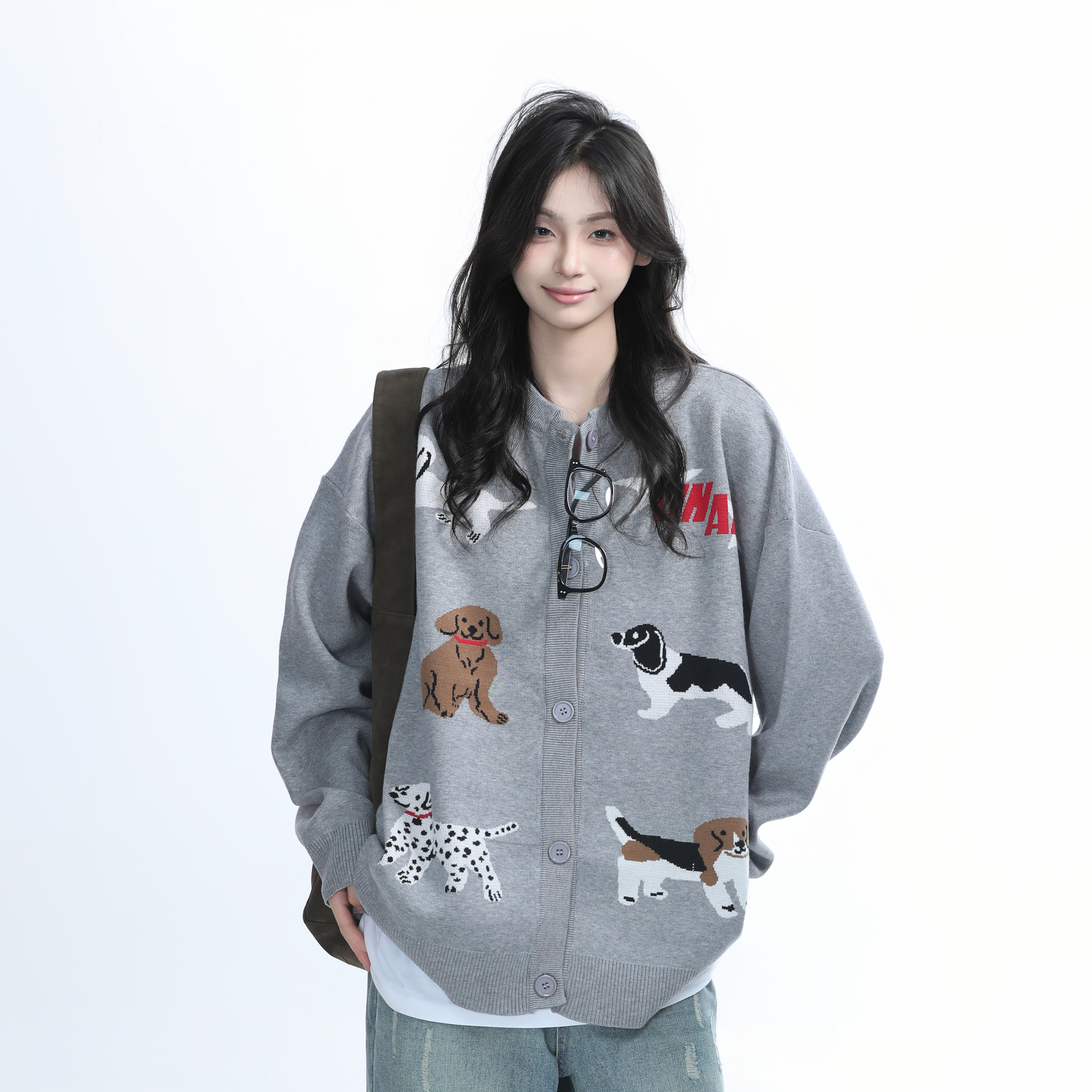 Knitted Cardigan with Retro Cartoon Dog Embroidery for Women - Lazy Style American Vintage Fashion