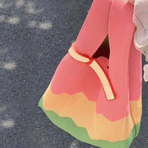 Knitted Textured Rainbow Tote Bag - Trendy Three-Color Handbag for Spring/Summer 2025 Fashion