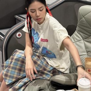 Korean Floral Graffiti Design Loose Fit Heavyweight Cotton Short Sleeve T-Shirt for Women - Casual Versatile Style