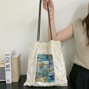 Korean High-End Casual Paradise Patchwork Velvet Canvas Shoulder Bag - Stylish Underarm Tote for Effortless Everyday Fashion