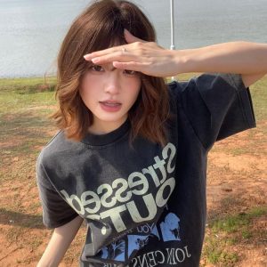 Korean Retro Graphic T-Shirt - Casual Unisex Short Sleeve with American Slogan, Washed Pure Cotton, Versatile 90s Style