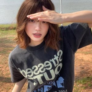 Korean Retro Graphic T-Shirt - Casual Unisex Short Sleeve with American Slogan, Washed Pure Cotton, Versatile 90s Style