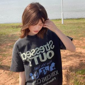 Korean Retro Graphic T-Shirt - Casual Unisex Short Sleeve with American Slogan, Washed Pure Cotton, Versatile 90s Style