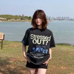 Korean Retro Graphic T-Shirt - Casual Unisex Short Sleeve with American Slogan, Washed Pure Cotton, Versatile 90s Style