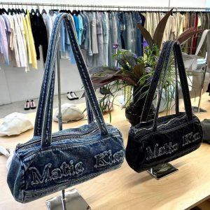Korean Retro Letter Embroidery Washed Denim Boston Bag - Large Capacity Travel Fitness Shoulder Underarm Bag