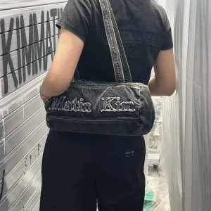 Korean Retro Letter Embroidery Washed Denim Boston Bag - Large Capacity Travel Fitness Shoulder Underarm Bag