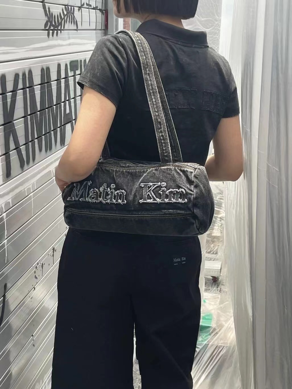 Korean Retro Letter Embroidery Washed Denim Boston Bag - Large Capacity Travel Fitness Shoulder Underarm Bag Korean Retro Letter Embroidery Washed Denim Boston Bag - Large Capacity Travel Fitness Shoulder Underarm Bag