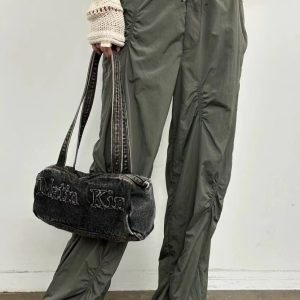 Korean Retro Letter Embroidery Washed Denim Boston Bag - Large Capacity Travel Fitness Shoulder Underarm Bag