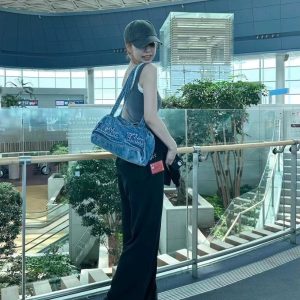 Korean Retro Letter Embroidery Washed Denim Boston Bag - Large Capacity Travel Fitness Shoulder Underarm Bag