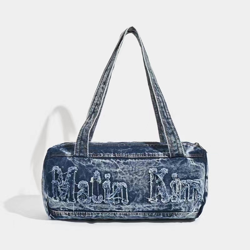 Korean Retro Letter Embroidery Washed Denim Boston Bag - Large Capacity Travel Fitness Shoulder Underarm Bag