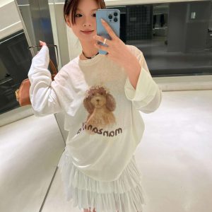 Korean Retro Little Dog Princess Print Long Sleeve T-Shirt - Casual Sun Protection Cover-Up in Pure Cotton for Women