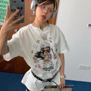 Korean Retro Musician Graphic T-Shirt - Casual Loose Fit, Age-Reducing Design, Pure Cotton Short Sleeve Top