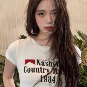 Korean Retro Sports Digital Print Fitted Cotton Top – Short Sleeve Slim Fit for a Stylish Instagram Look