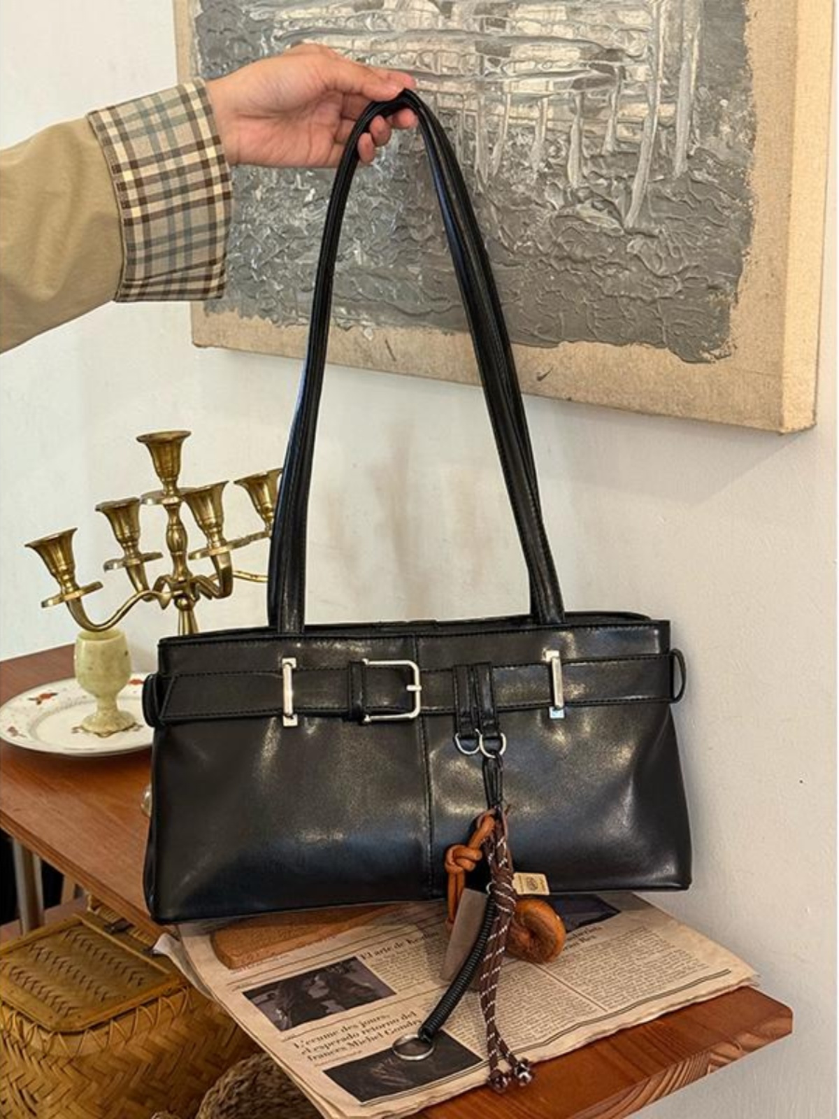 Korean Retro Underarm Baguette Bag for Women - Versatile Commuting Shoulder Bag with High-End Keychain, Stylish Motorcycle Accessory Korean Retro Underarm Baguette Bag for Women - Versatile Commuting Shoulder Bag with High-End Keychain, Stylish Motorcycle Accessory