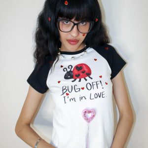 Korean Style Beetle Cartoon Print Color-Blocking Short-Sleeve Slim-Fit High-Stretch Cotton T-Shirt for Trendy Casual Wear