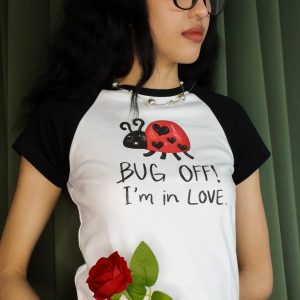 Korean Style Beetle Cartoon Print Color-Blocking Short-Sleeve Slim-Fit High-Stretch Cotton T-Shirt for Trendy Casual Wear