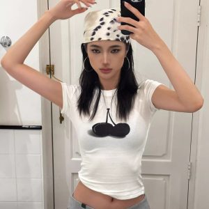 Korean Style Black Cherry Short Sleeve T-Shirt - High Elastic Slim Fit, Pure Cotton, 25SS Trendy Essential