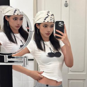 Korean Style Black Cherry Short Sleeve T-Shirt - High Elastic Slim Fit, Pure Cotton, 25SS Trendy Essential