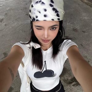 Korean Style Black Cherry Short Sleeve T-Shirt - High Elastic Slim Fit, Pure Cotton, 25SS Trendy Essential