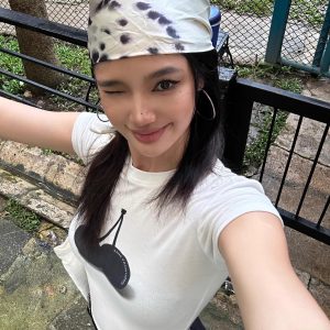 Korean Style Black Cherry Short Sleeve T-Shirt - High Elastic Slim Fit, Pure Cotton, 25SS Trendy Essential