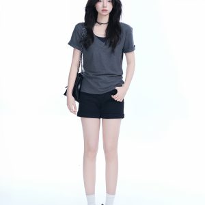 Korean Style Black High-Waisted Ultra-Short Denim Shorts for Women - Slimming Summer Elastic Rolled-Edge Hot Pants