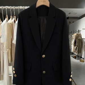 Korean Style Black Metal Buckle Vintage Blazer for Women - 2025 Spring Autumn Petite Fashion Jacket