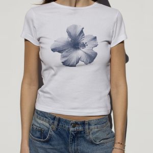 Korean Style Blue Floral Short-Sleeve Fitted Cotton T-Shirt - High-Stretch Sweet Girl Top for Women